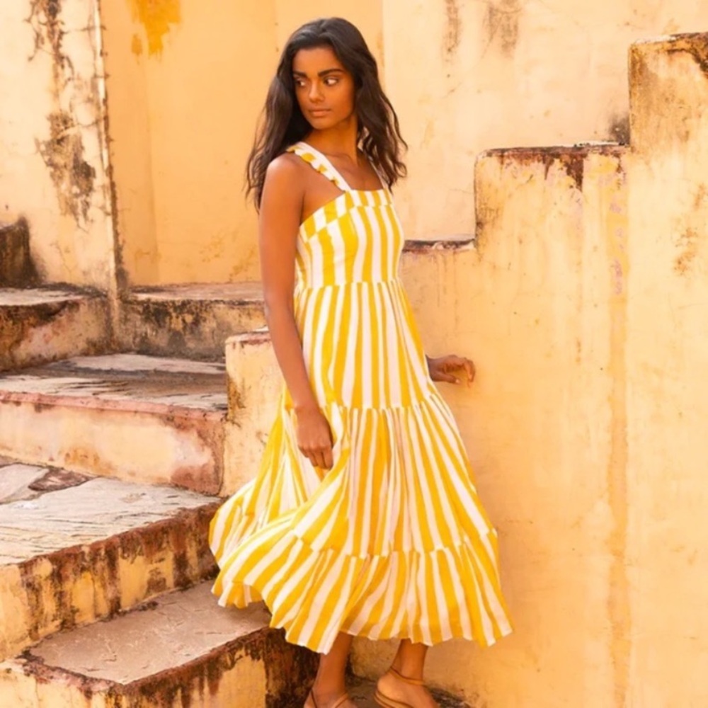 OLIPHANT Ruffle Cross Back Midi Dress Yellow XS